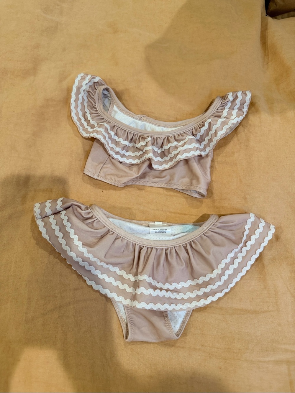 Ruffled Off‑Shoulder Bandeau Set in Taupe with White Trim